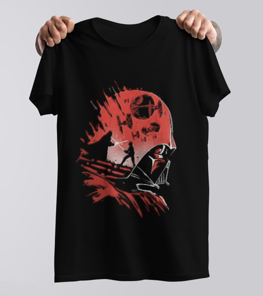 Darth Vader Luke Skywalker Lightsaber Duel Death Star TIE Fighters Red Stencil T-Shirt