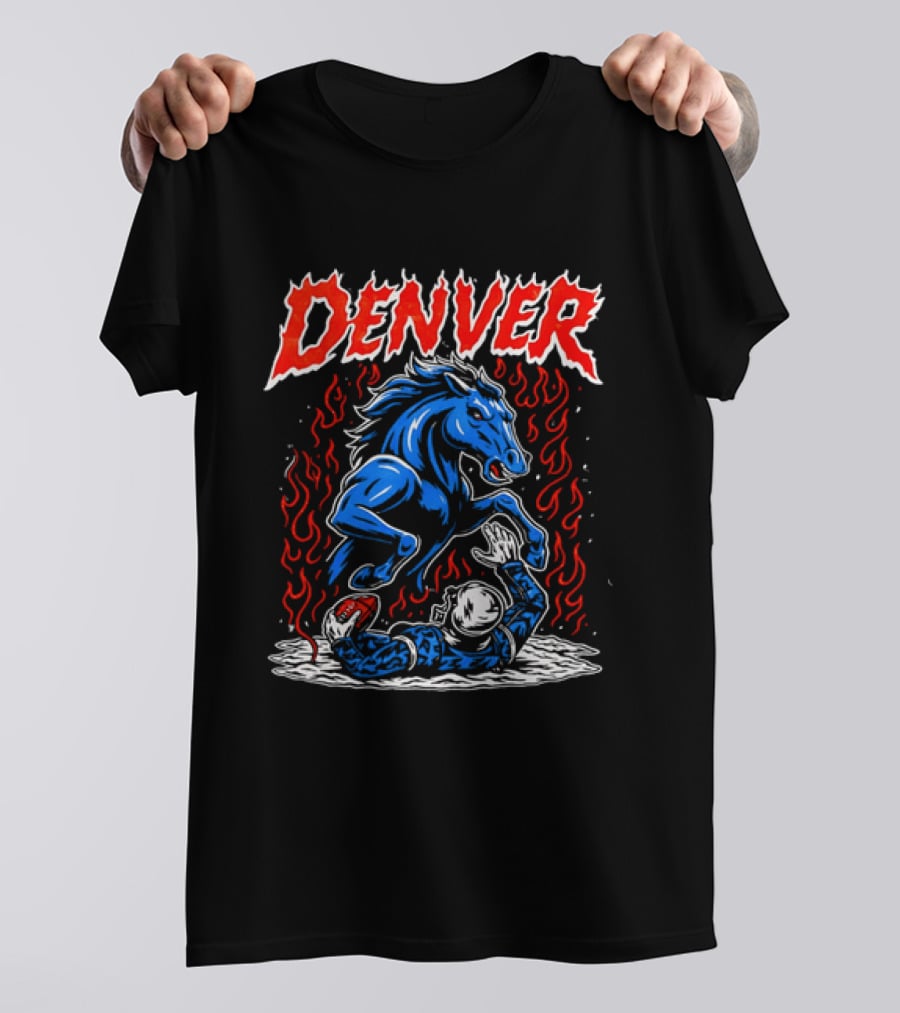 Denver Broncos Blue Horse Fire Football Player Flame T-Shirt