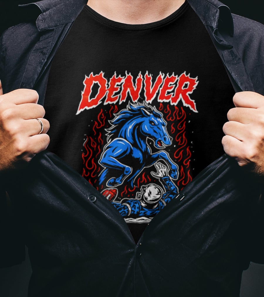Denver Broncos Blue Horse Fire Football Player Flame T-Shirt
