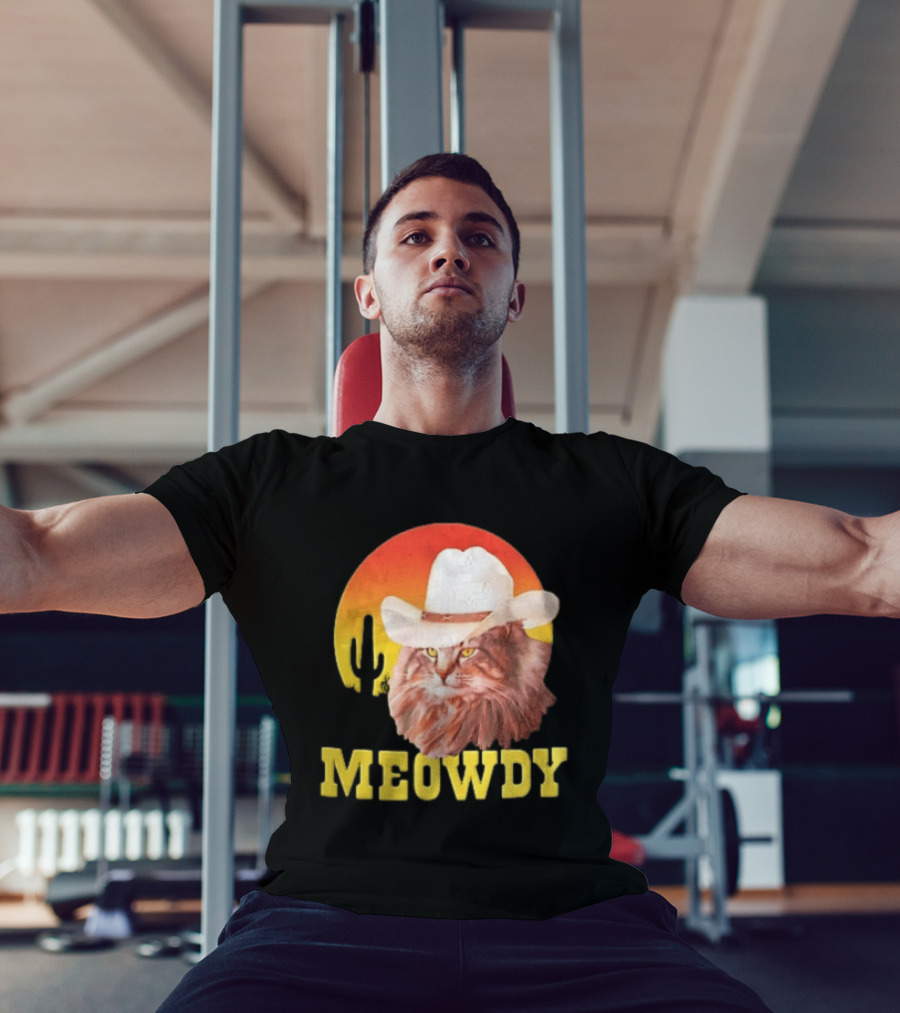 Meowdy Cowboy Cat In White Hat With Sunset And Cactus T-Shirt