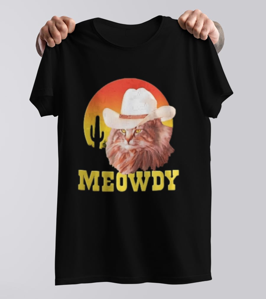 Meowdy Cowboy Cat In White Hat With Sunset And Cactus T-Shirt