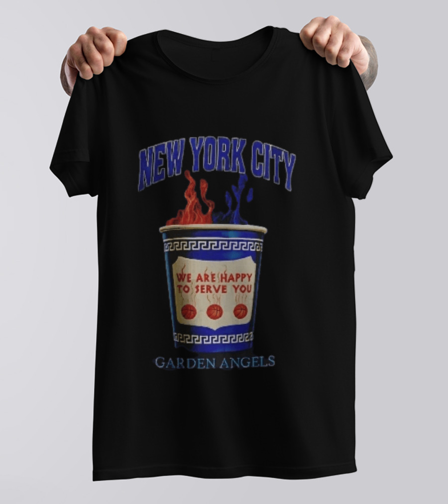 New York City Greek Coffee Cup We Are Happy To Serve You Garden Angels Flaming Basketballs T-Shirt