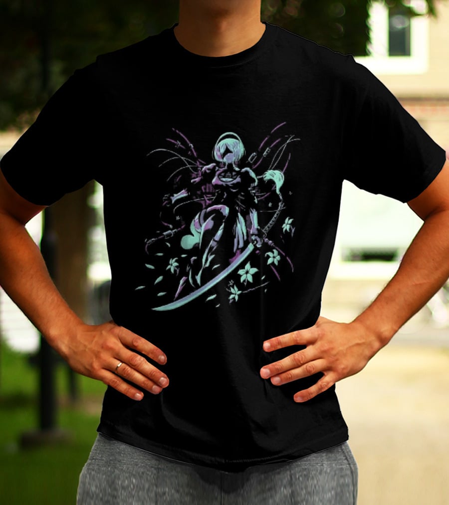 NieR Automata 2B With Pastel Sword And Flower Motif T-Shirt