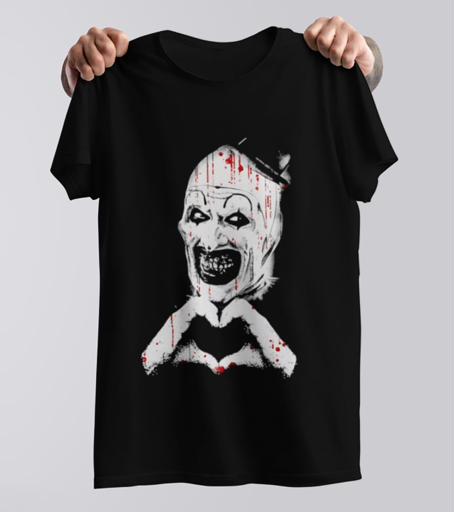 Terrifying Clown With Creepy Heart Hands And Bloody Accents T-Shirt