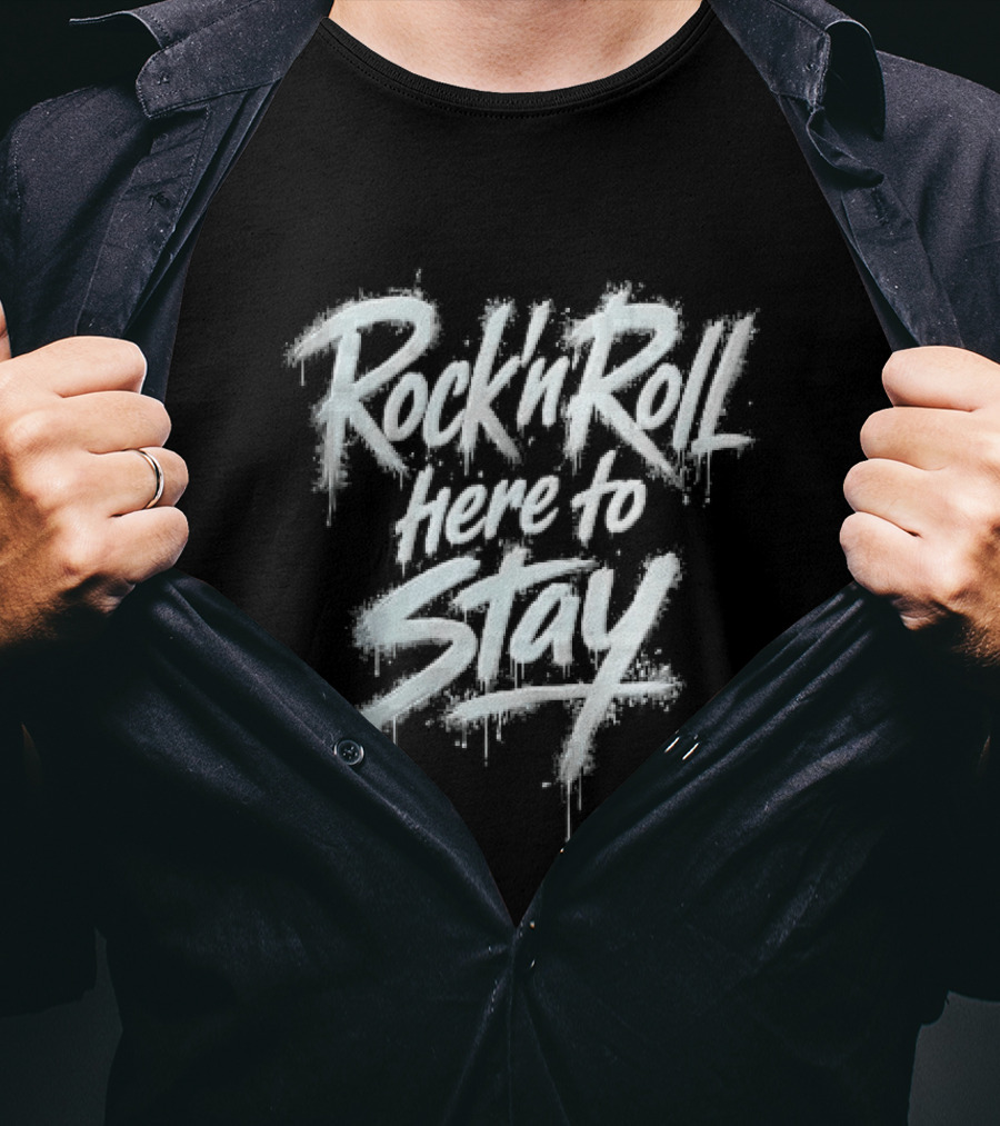 Rock And Roll Here To Stay White Spray Paint Graffiti Drips Splatters T-Shirt