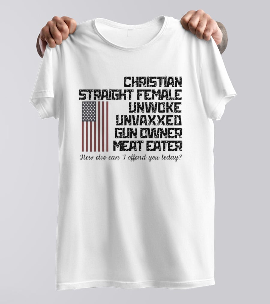 Christian Straight Female Unwoke Unvaxxed Gun Owner Meat Eater How Else Can I Offend You Today USA Flag T-Shirt