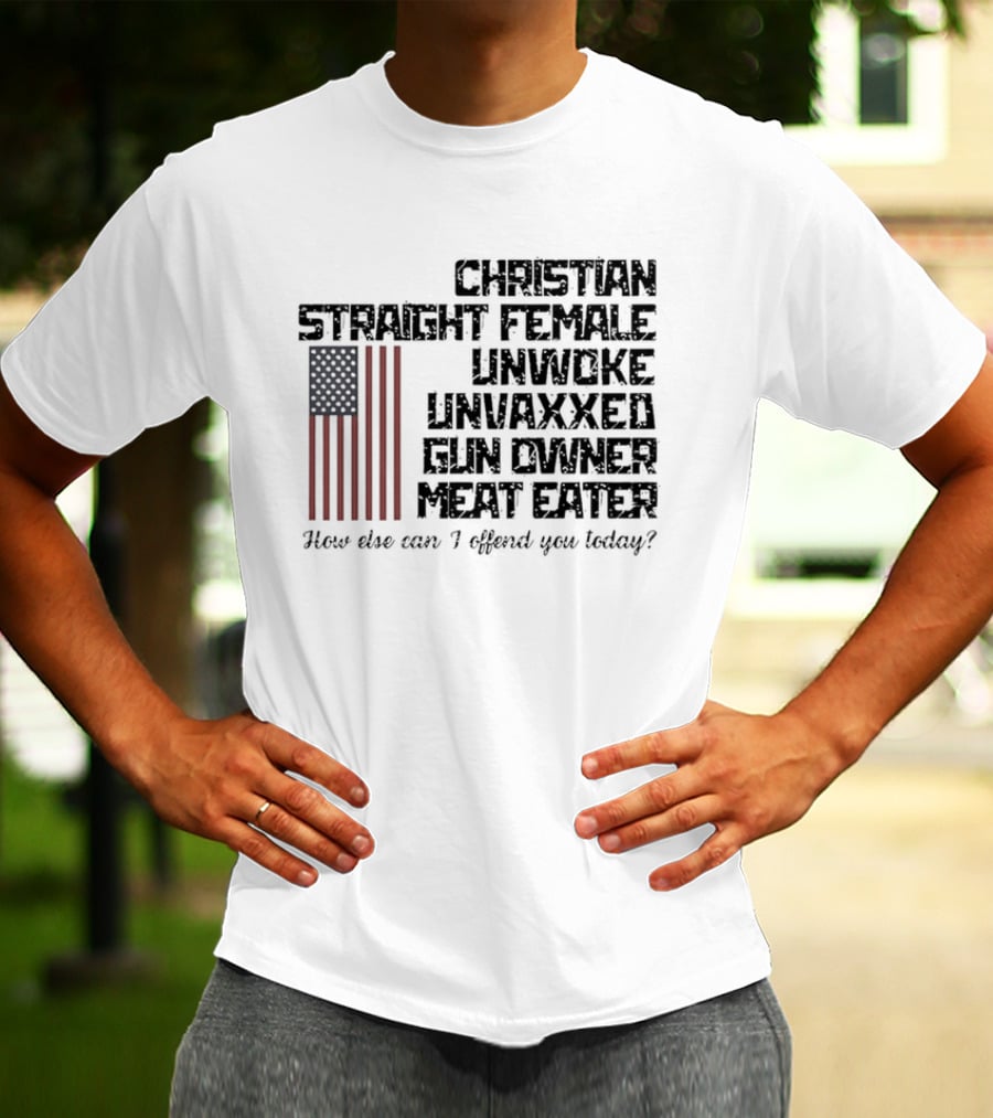 Christian Straight Female Unwoke Unvaxxed Gun Owner Meat Eater How Else Can I Offend You Today USA Flag T-Shirt