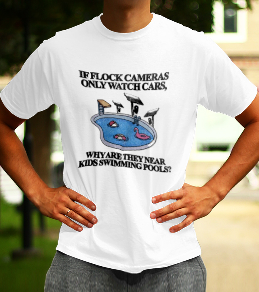 Flock Cameras Cars Near Swimming Pools Pink Flamingo Float Solar Panels Cartoon T-Shirt
