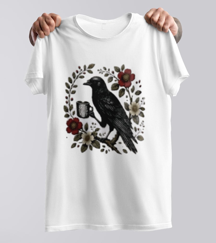 Is He Dead Yet Crow Coffee Floral Wreath Blooms T-Shirt