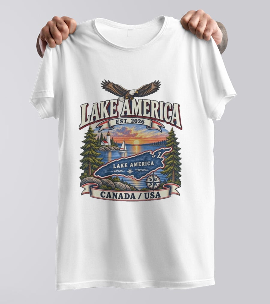 Lake America Est. 2026 Great Lakes Canada USA Scenic Sunset Eagle Sailboat T-Shirt