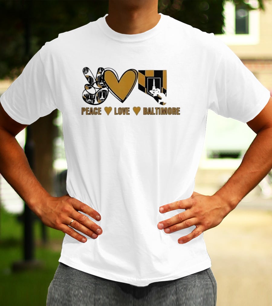 Peace Love Baltimore Gold Maryland Flag City Monument T-Shirt