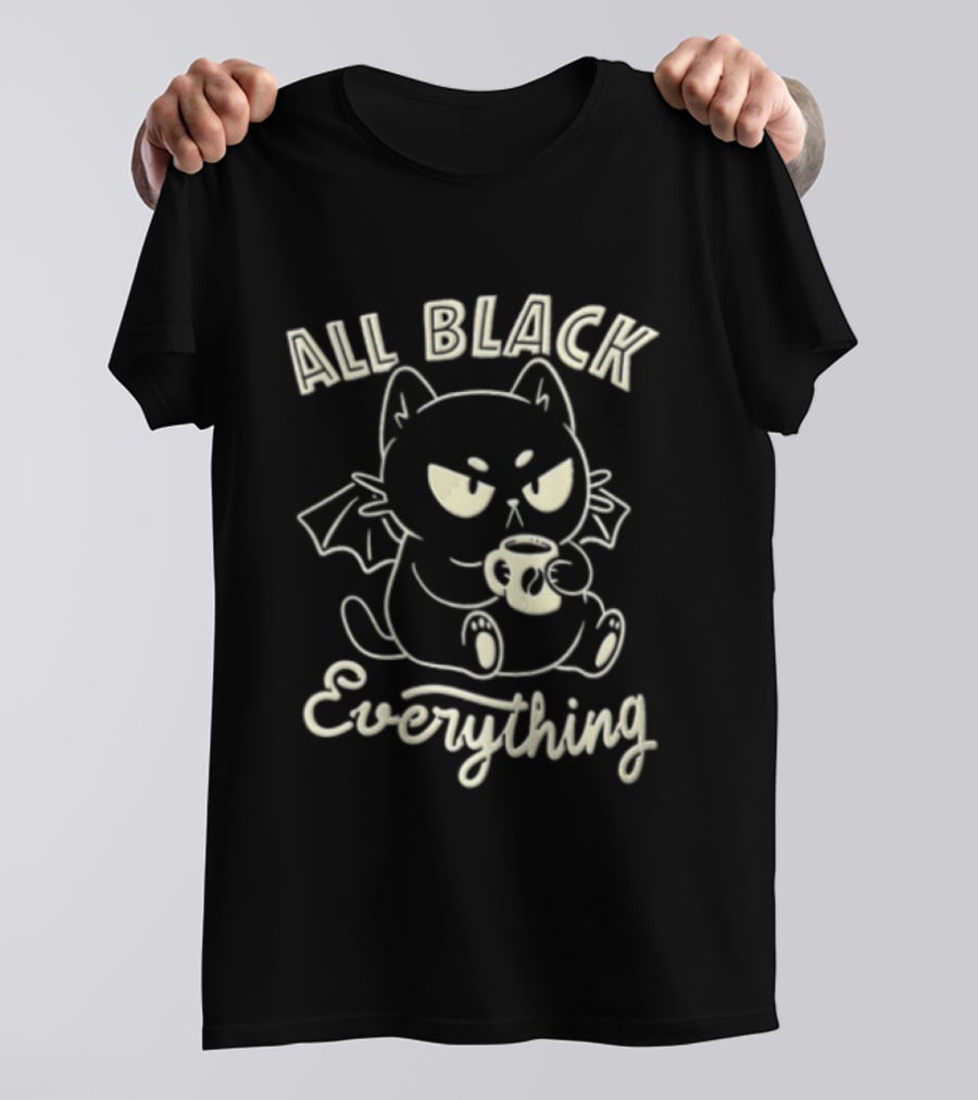 All Black Everything Cartoon Bat Cat Drinking Coffee T-Shirt