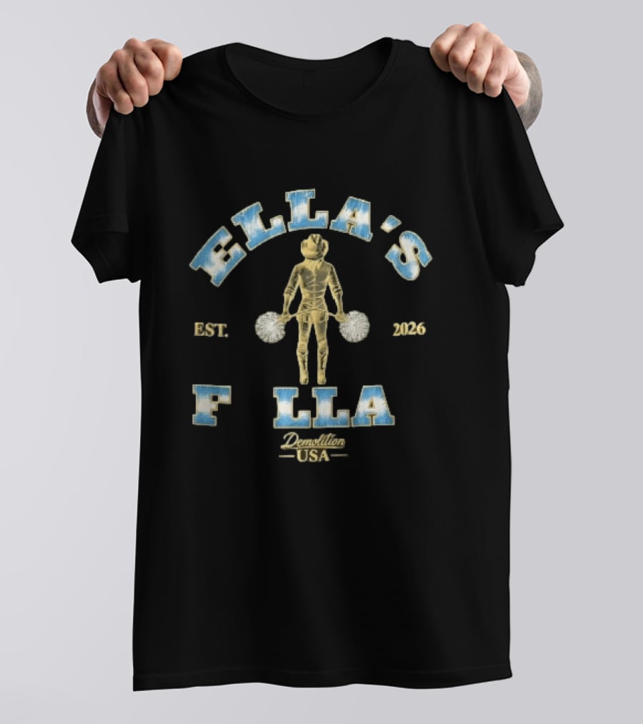 ELLA'S FLLA Est 2026 Demolition USA Golden Cowgirl Cheerleader Back View Holding Pom Poms T-Shirt