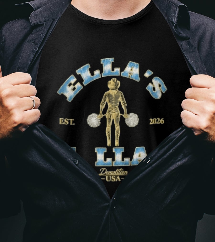 ELLA'S FLLA Est 2026 Demolition USA Golden Cowgirl Cheerleader Back View Holding Pom Poms T-Shirt