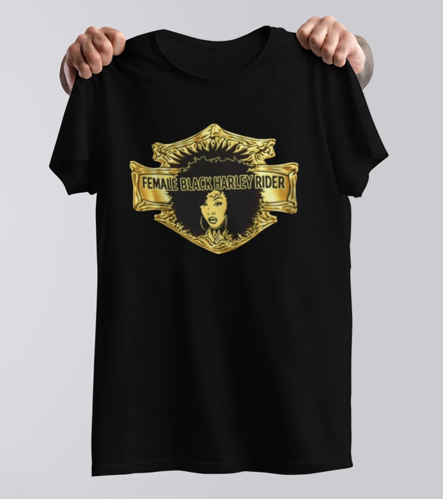 Female Black Harley Rider Gold Ornate Shield Afro T-Shirt