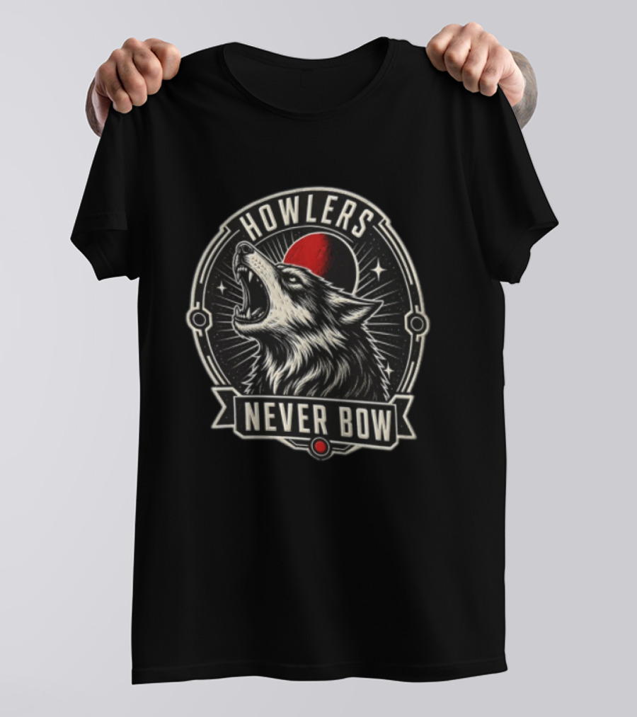 Howlers Never Bow Snarling Wolf Red Moon Celestial T-Shirt