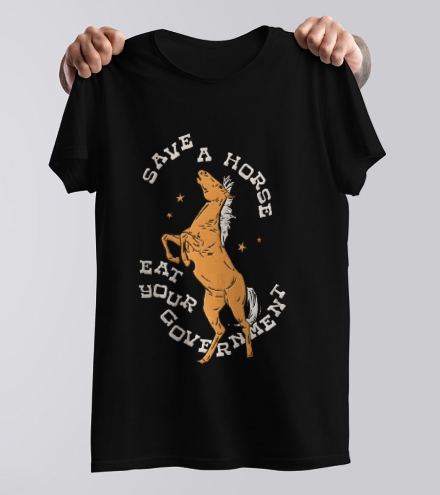 Save A Horse Eat Your Government Rearing Orange Stallion Woodcut Stars T-Shirt