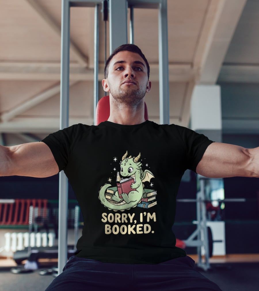 Sorry I'm Booked Cartoon Green Dragon Reading Book With Stars T-Shirt