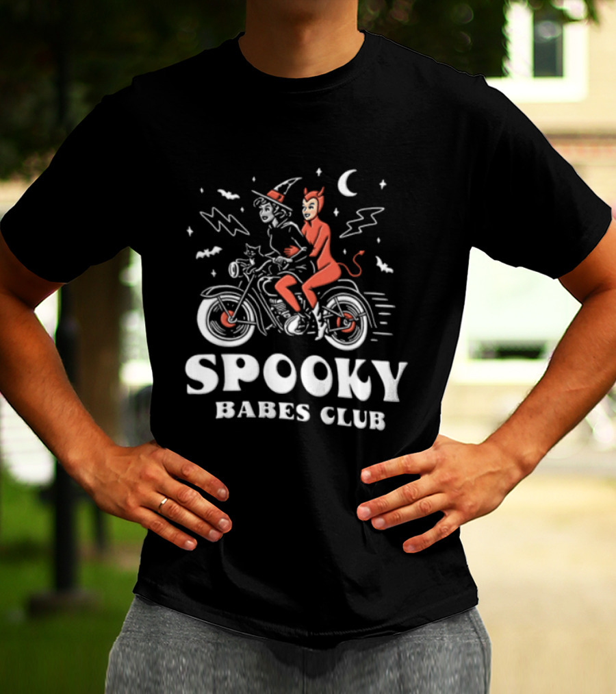 Spooky Babes Club Halloween Witch And Devil Motorcycle Riding T-Shirt