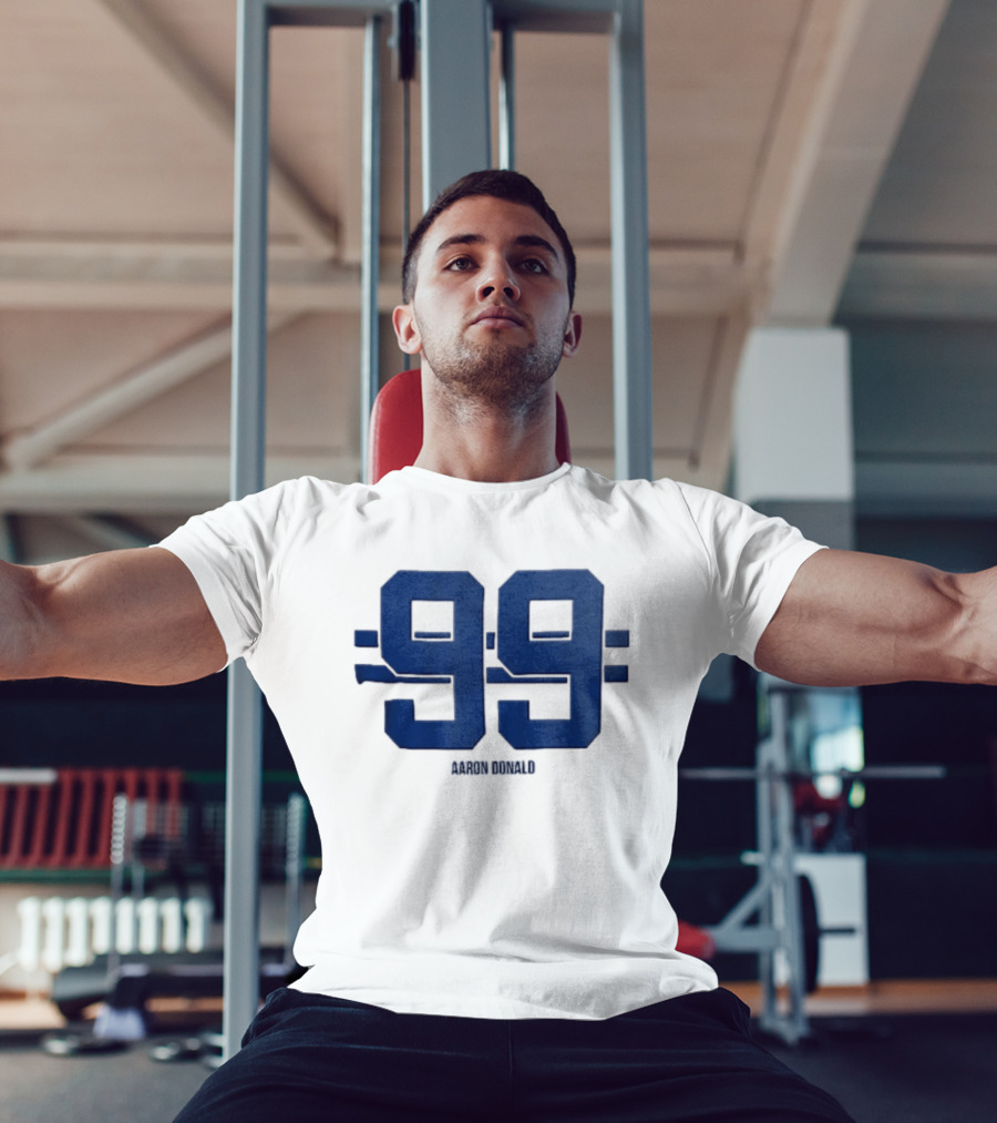 Aaron Donald 99 Blue Jersey Number Block Lettering Horizontal Stripes T-Shirt
