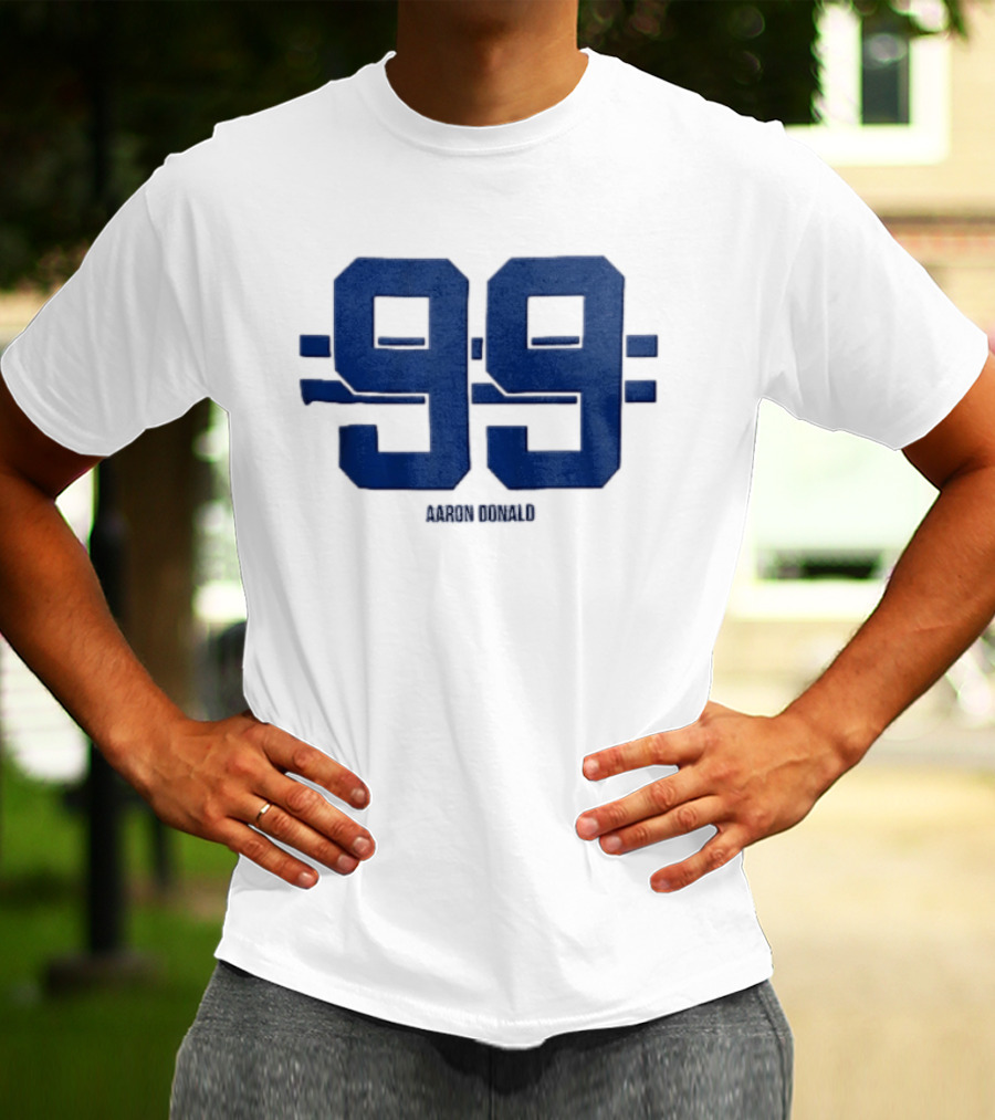 Aaron Donald 99 Blue Jersey Number Block Lettering Horizontal Stripes T-Shirt