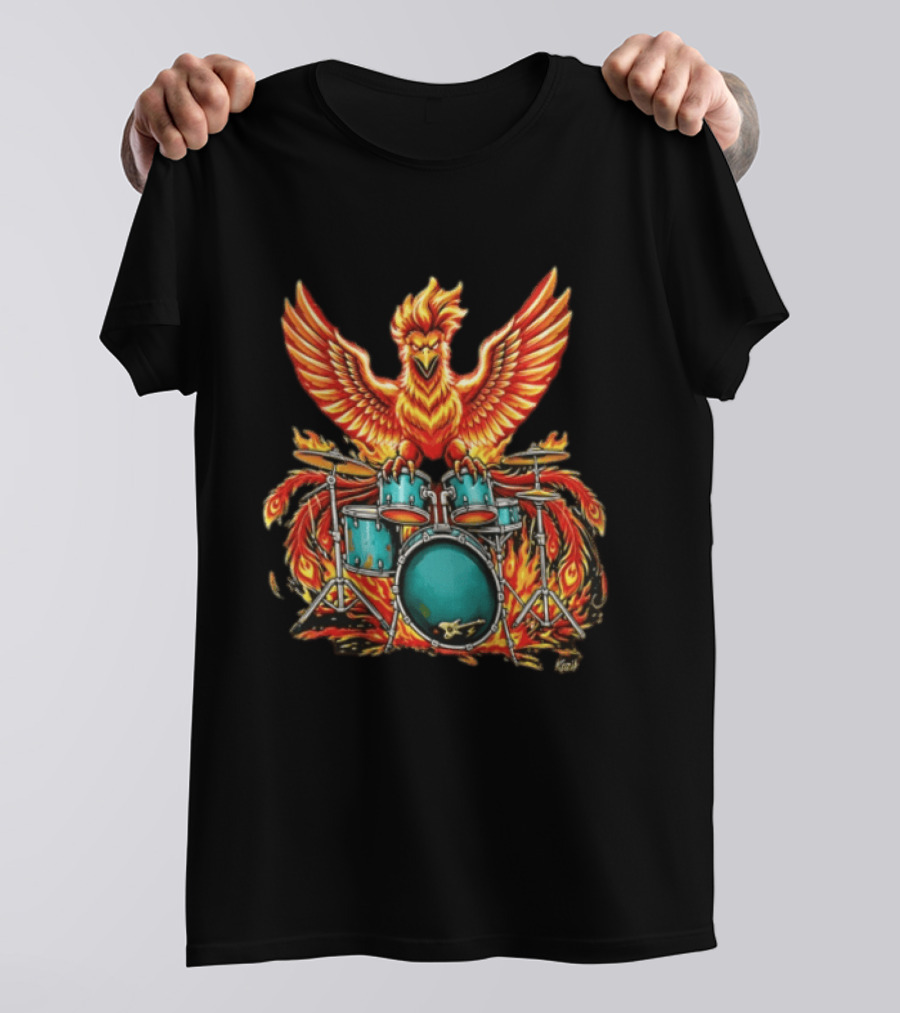 Kozik Phoenix Drummer Rock Drums Fiery Percussion Mythical Bird T-Shirt