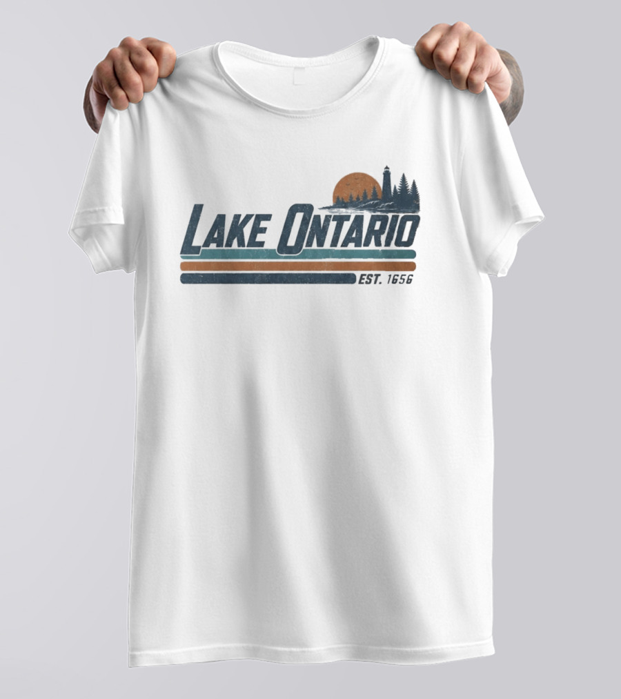 Lake Ontario Established 1956 Vintage Stripe Sunset With Lighthouse And Trees T-Shirt