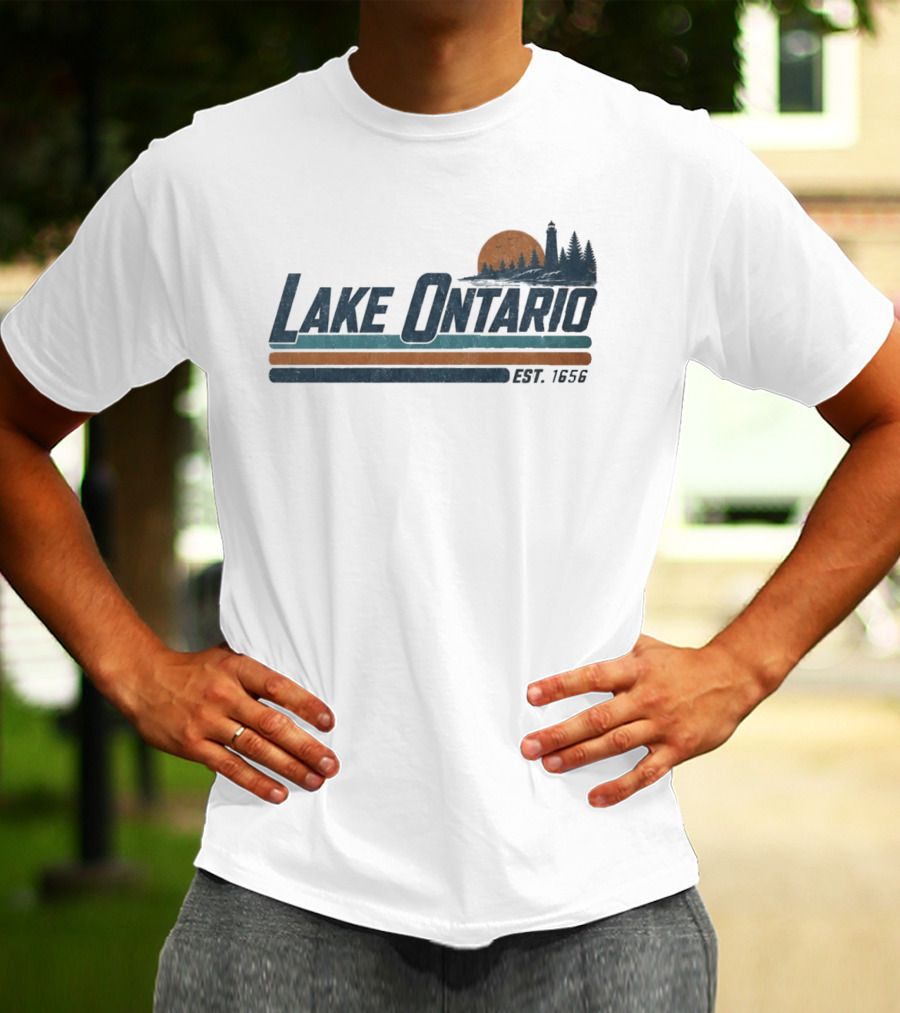 Lake Ontario Established 1956 Vintage Stripe Sunset With Lighthouse And Trees T-Shirt