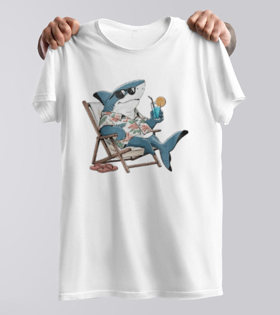 Shark Relaxing In Lounge Chair With Tropical Drink Hawaiian T-Shirt