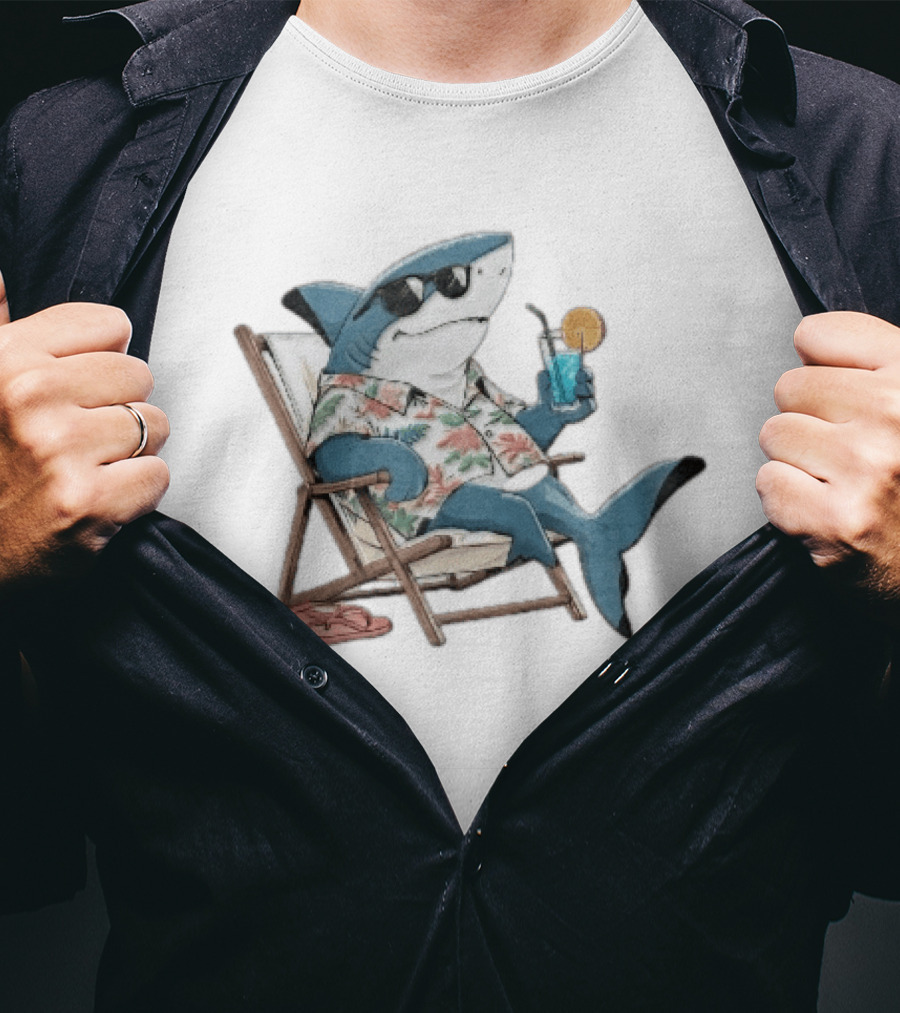 Shark Relaxing In Lounge Chair With Tropical Drink Hawaiian T-Shirt