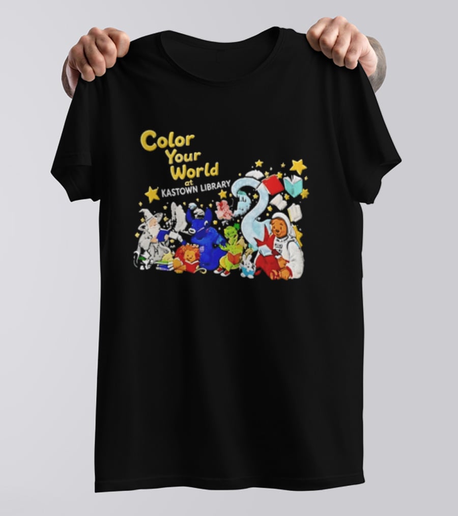 Color Your World At Kastown Library With Reading Books And Vibrant Characters T-Shirt