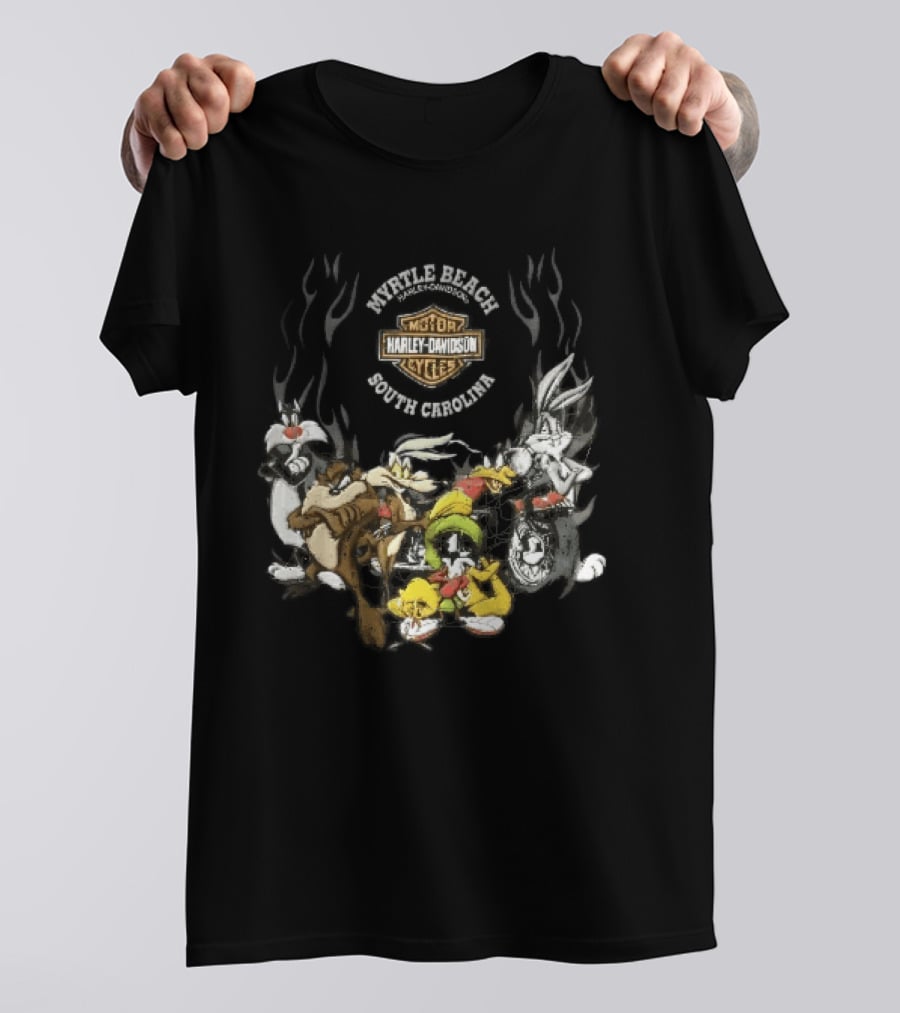 Myrtle Beach Harley Davidson Motor Cycles South Carolina Looney Tunes Bugs Bunny Daffy Duck Taz Sylvester Wile E Coyote T-Shirt