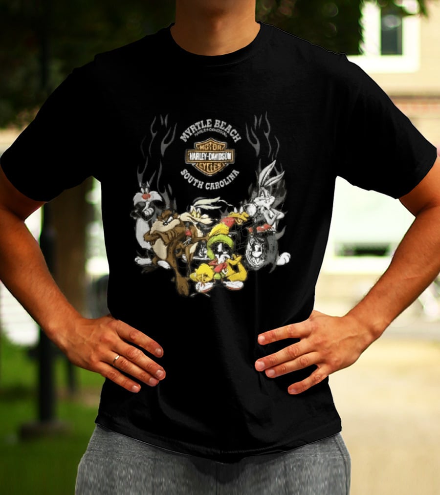 Myrtle Beach Harley Davidson Motor Cycles South Carolina Looney Tunes Bugs Bunny Daffy Duck Taz Sylvester Wile E Coyote T-Shirt
