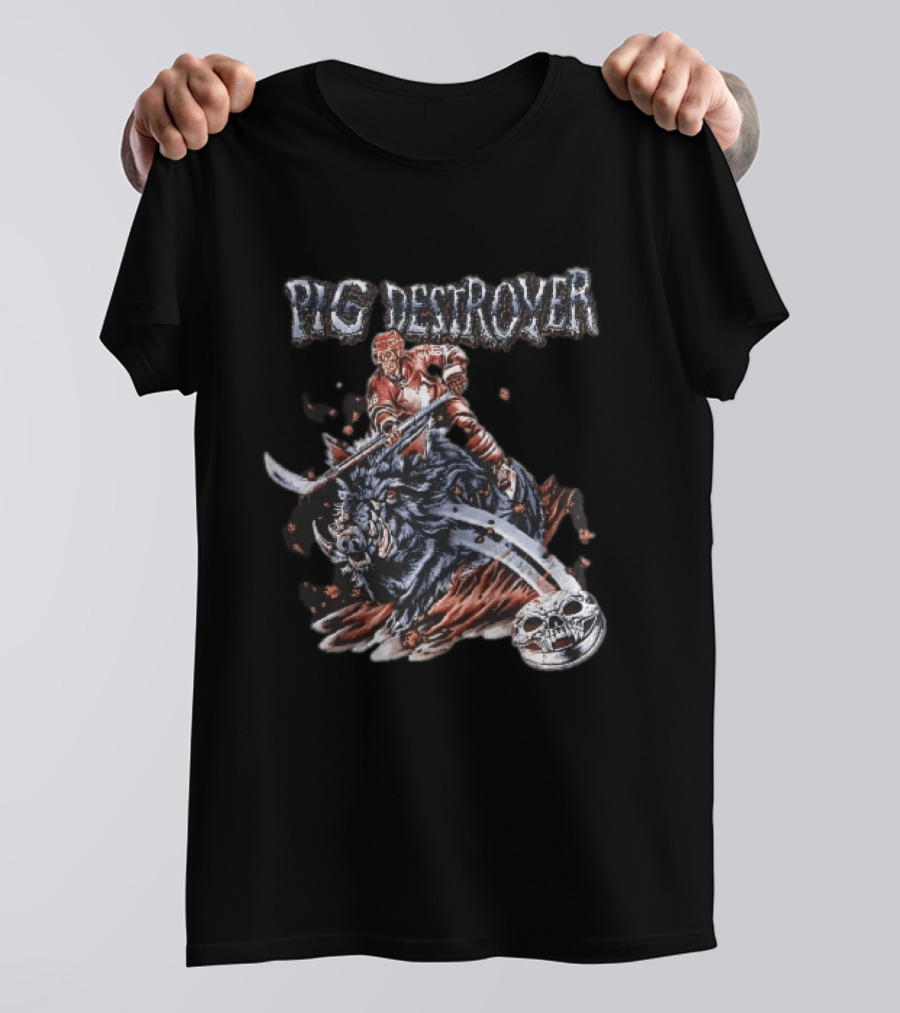 Pig Destroyer Skeleton Hockey Player Riding Wild Boar Skull Puck T-Shirt