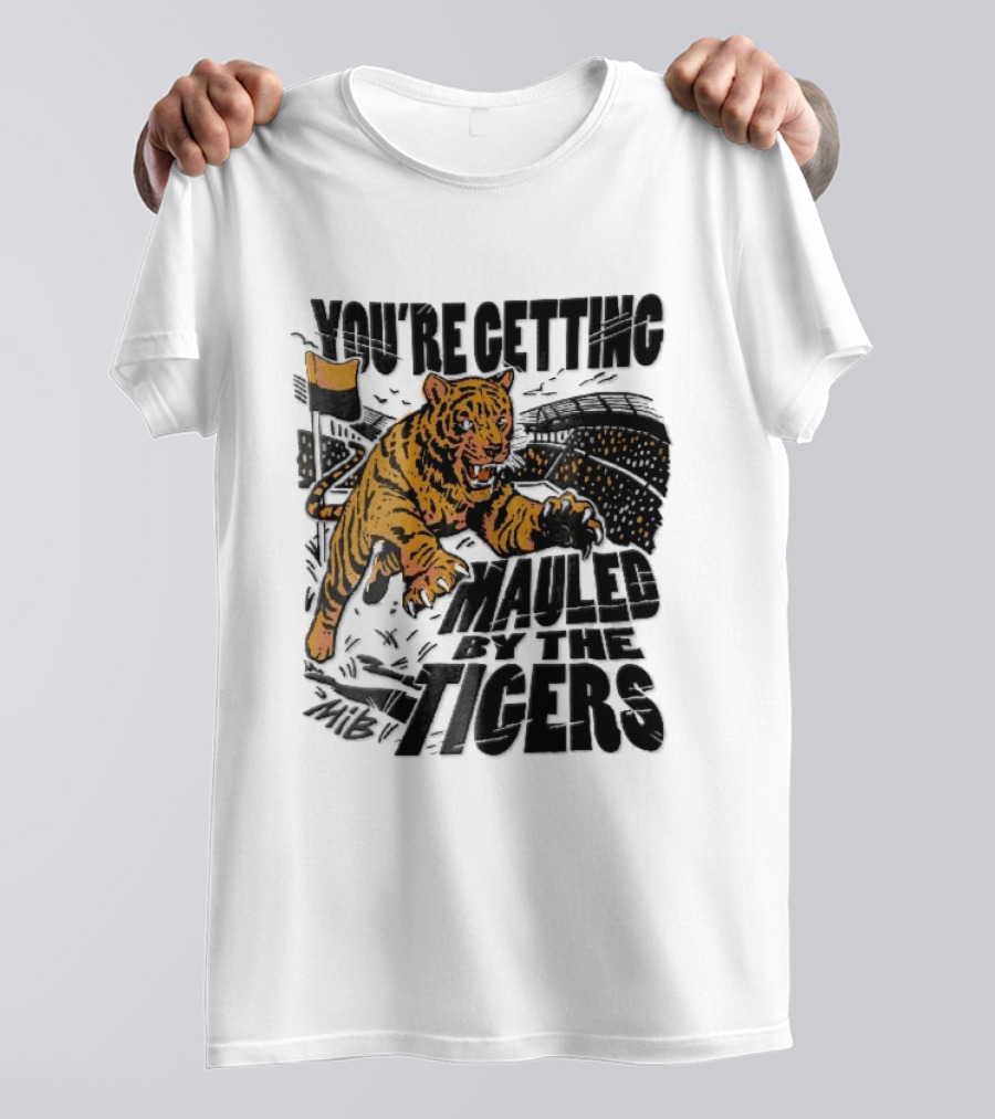 You're Getting Mauled By The Tigers Leaping Aggressive Stadium Crowd Corner Flag Woodcut T-Shirt