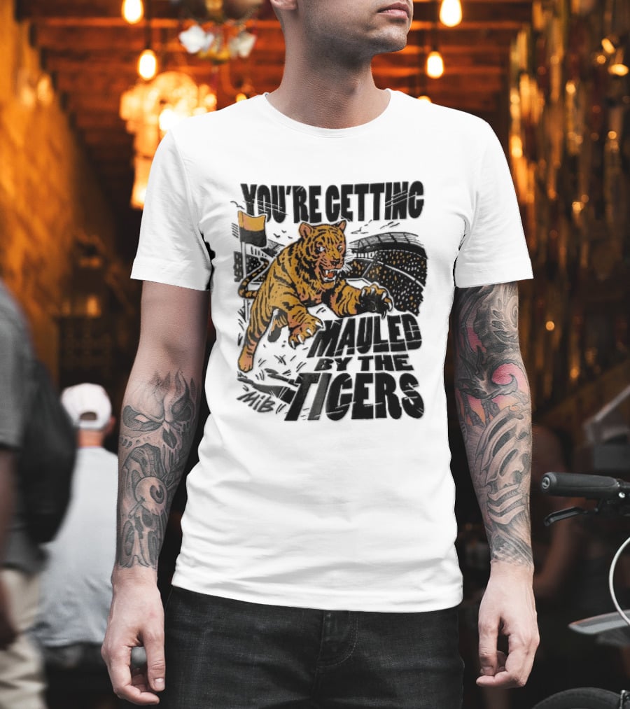 You're Getting Mauled By The Tigers Leaping Aggressive Stadium Crowd Corner Flag Woodcut T-Shirt