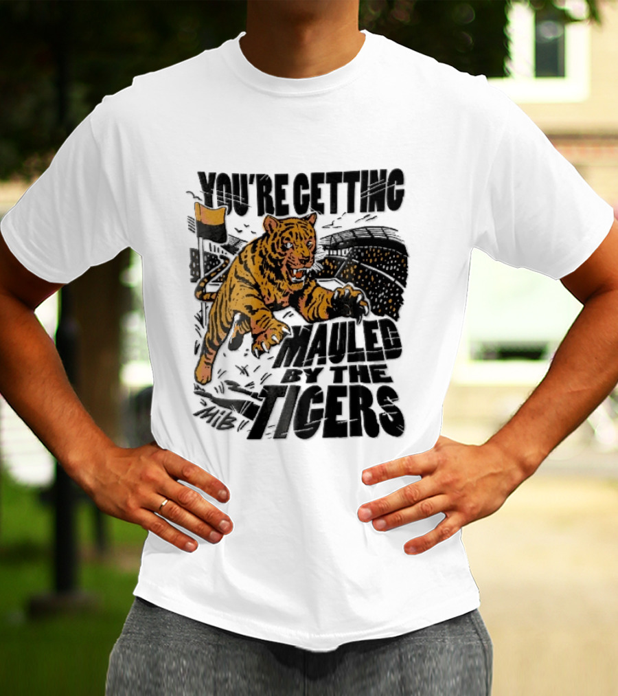 You're Getting Mauled By The Tigers Leaping Aggressive Stadium Crowd Corner Flag Woodcut T-Shirt