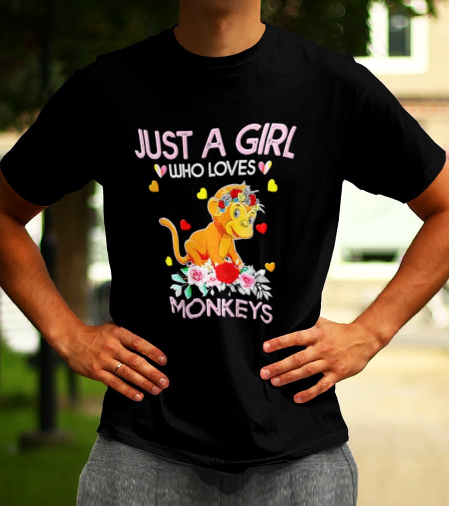 Just A Girl Who Loves Monkeys With Hearts And Flowers T-Shirt