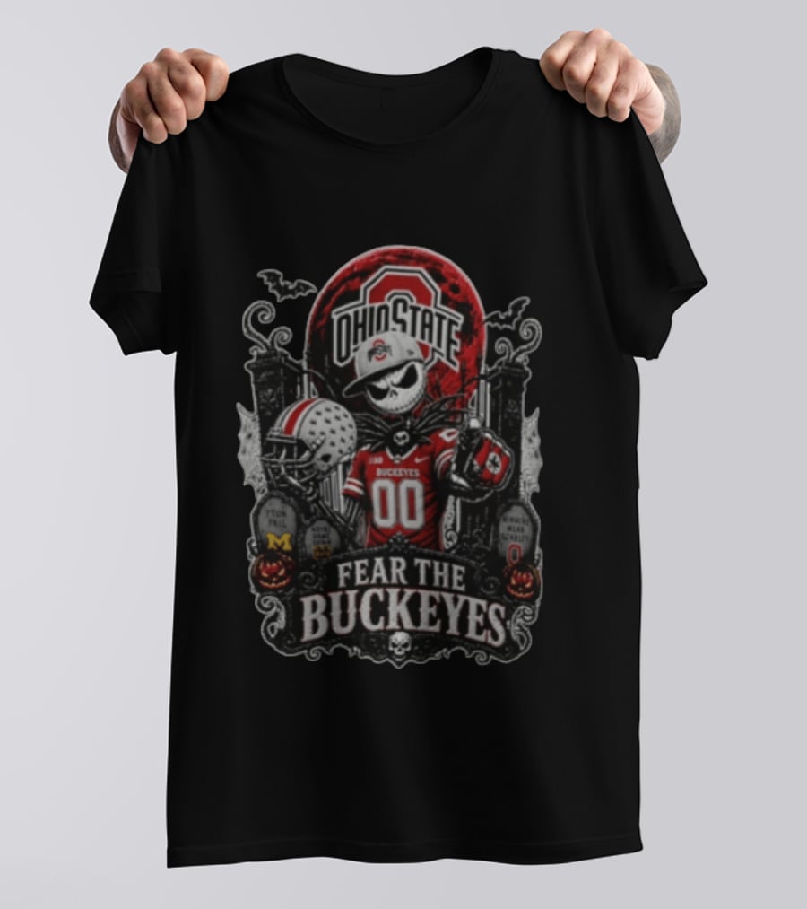 Ohio State Fear The Buckeyes Jack Skellington Halloween Skeleton Football Pumpkins Gravestones T-Shirt