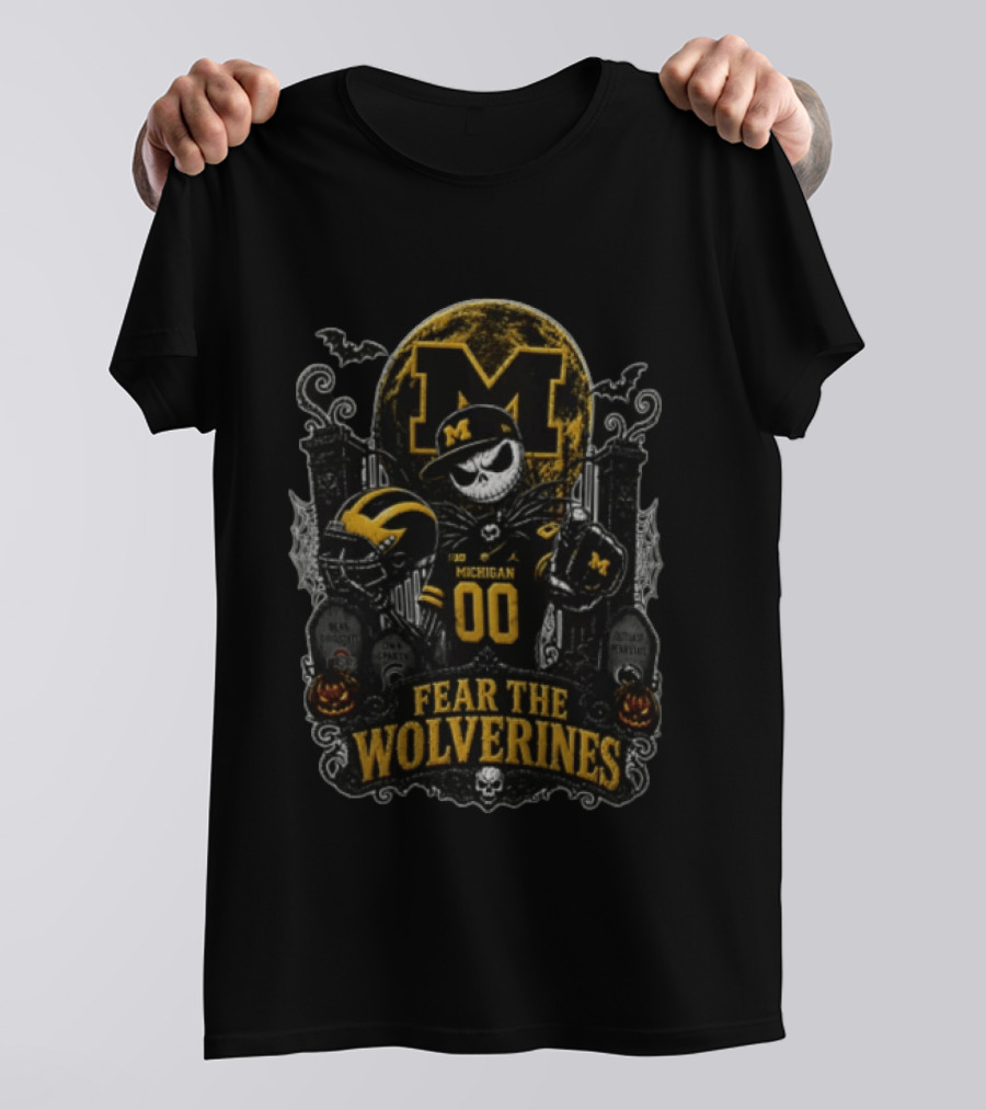 Fear The Michigan Wolverines Jack Skellington Halloween Skeleton Graveyard Tombstones Pumpkins Bats T-Shirt