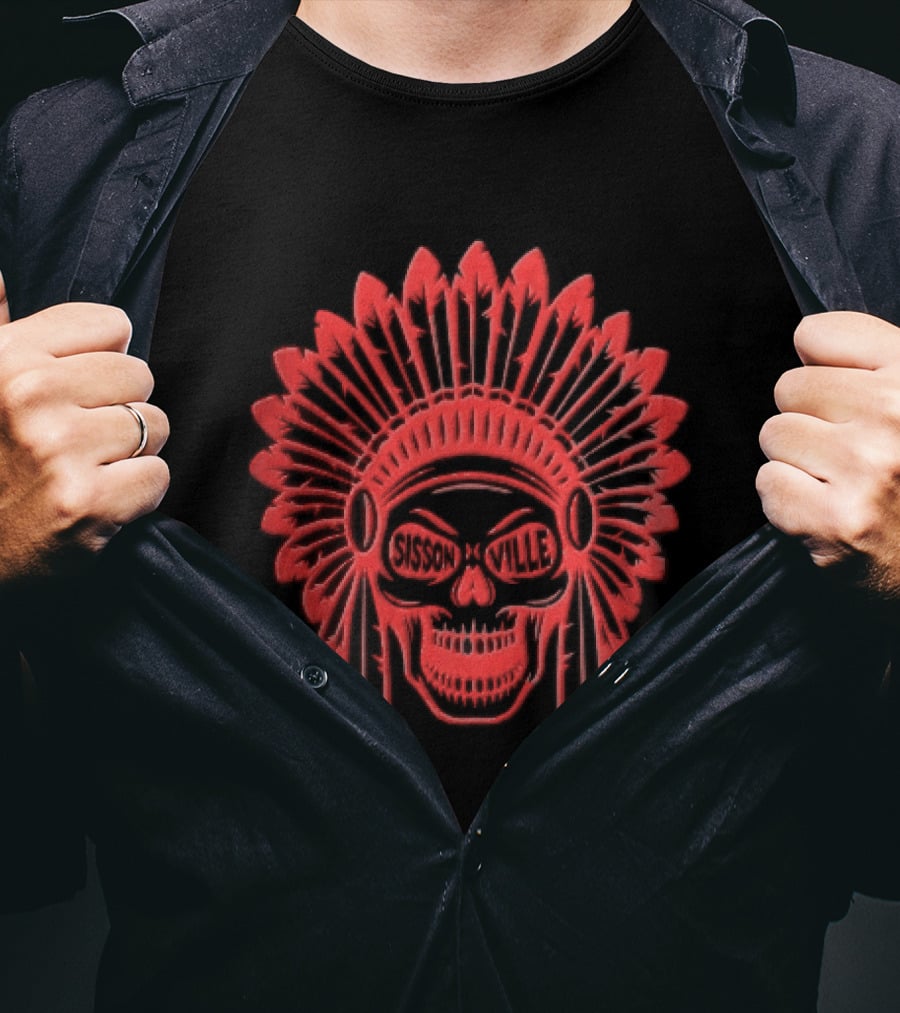 Sissonville Indian Chief Skull Headdress Red Feather Motif T-Shirt