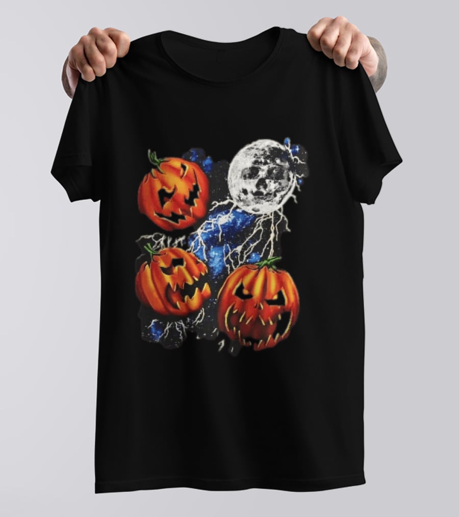 Halloween Pumpkins Skull Moon Lightning T-Shirt