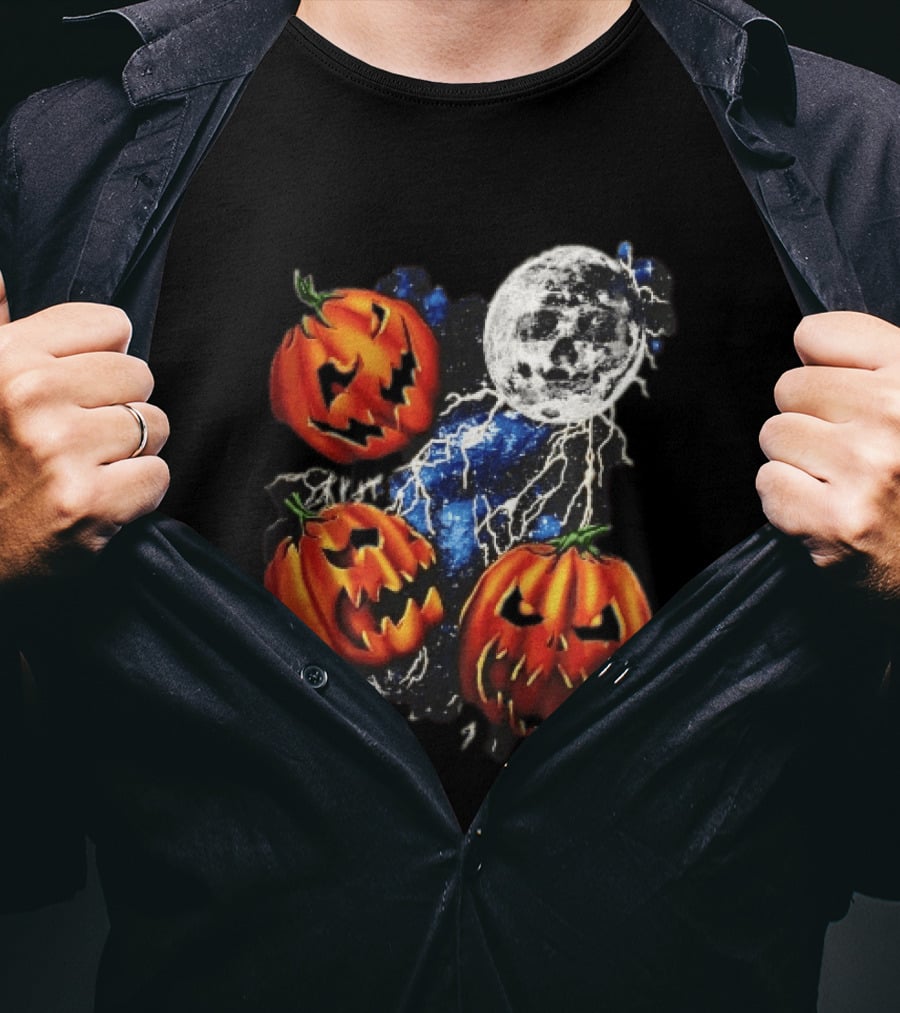 Halloween Pumpkins Skull Moon Lightning T-Shirt