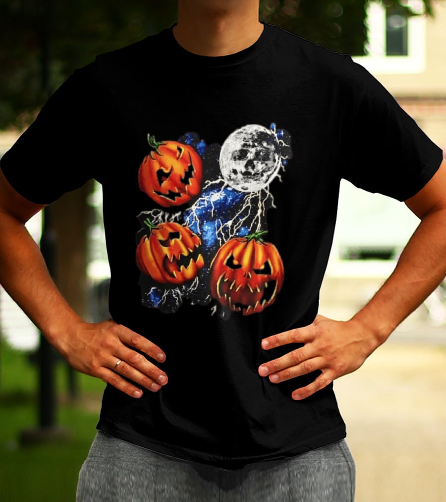 Halloween Pumpkins Skull Moon Lightning T-Shirt
