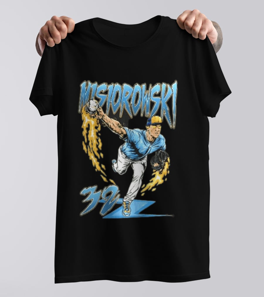 Misiorowski 32 Baseball Pitcher Throwing Flaming Ball In Action T-Shirt