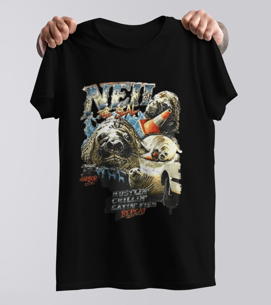 Neil The Seal Hustler Chillin Eating Fish Harbor Animal Warning Cone Repeat T-Shirt
