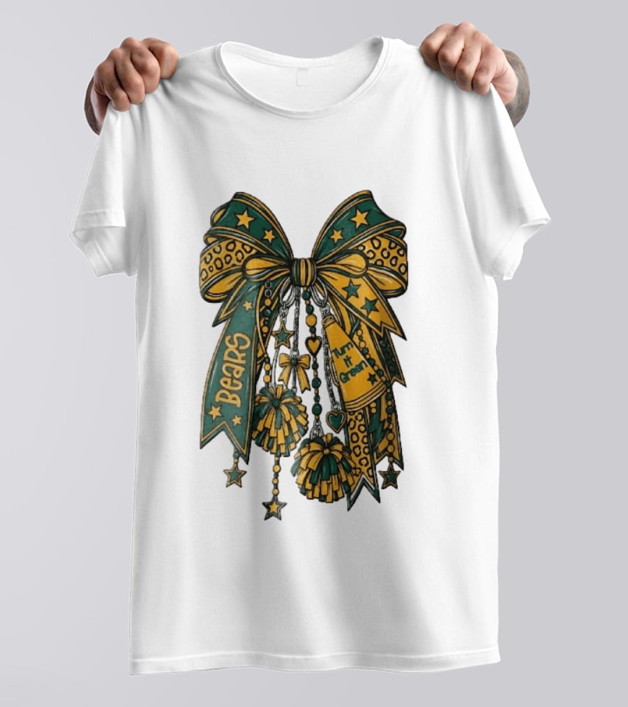 Bears Turn It Green Cheer Bow Stars And Pom Poms T-Shirt