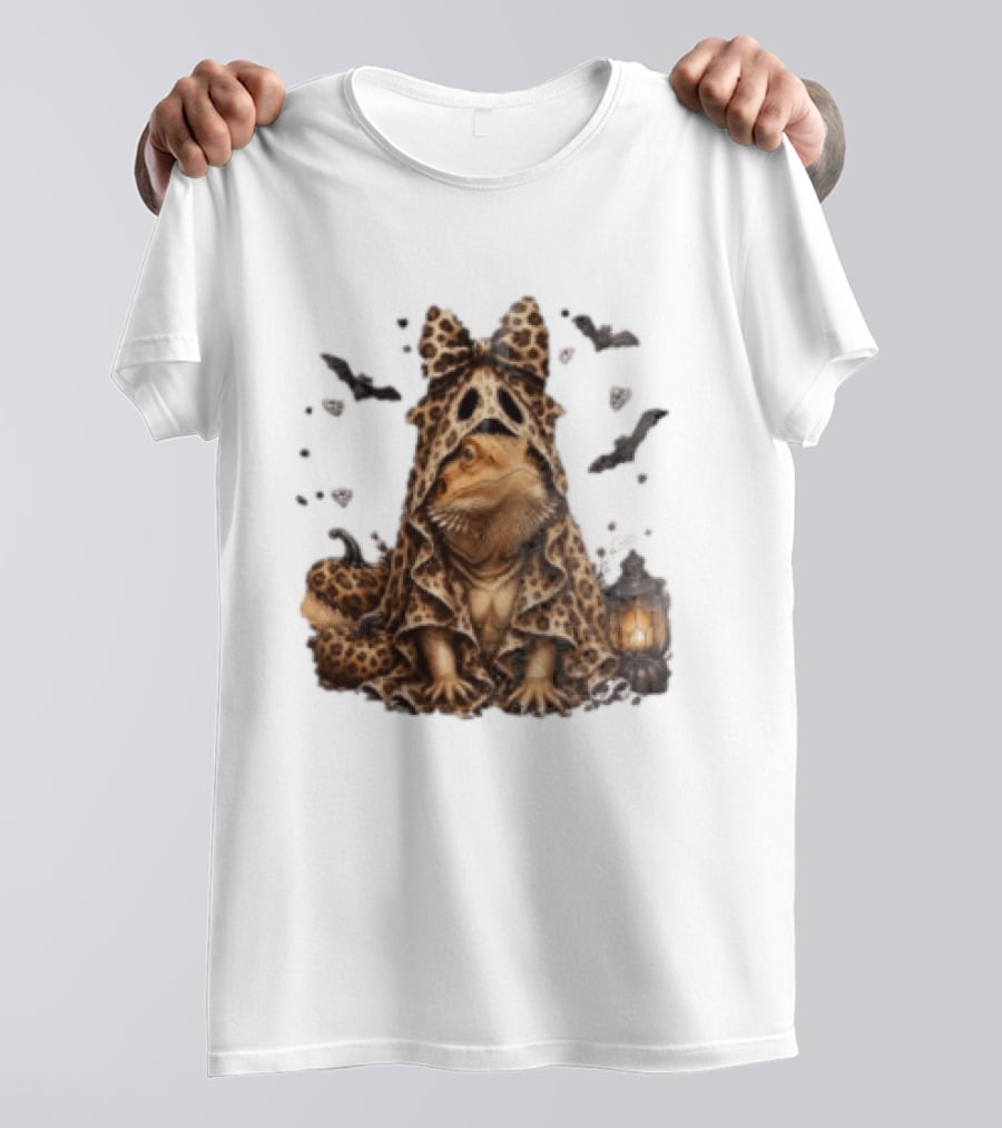 Bewitched Bearded Dragon Cloaked In Leopard Print With Lantern And Bats T-Shirt