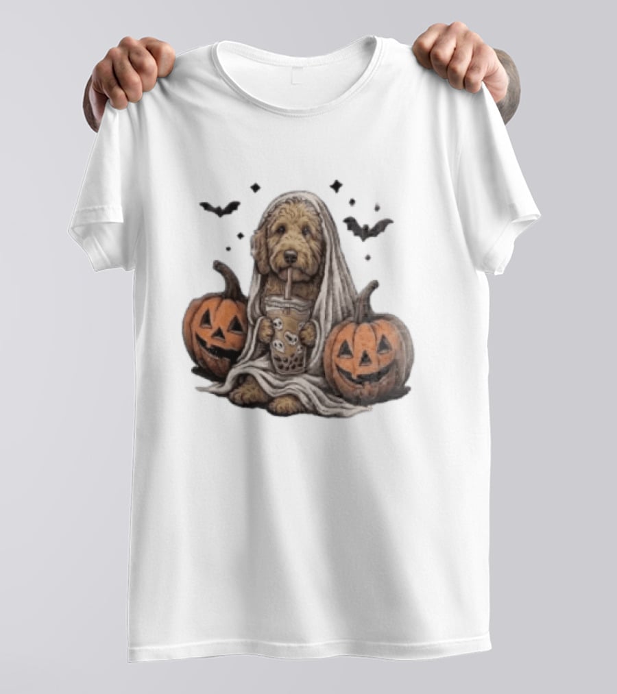 Goldendoodle Ghost With Boba Halloween Jack O'Lanterns And Bats T-Shirt