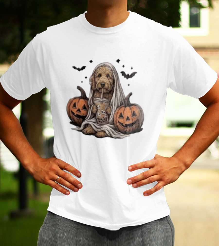 Goldendoodle Ghost With Boba Halloween Jack O'Lanterns And Bats T-Shirt